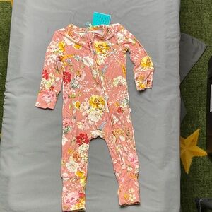 Posh Peanut Coral Pink Floral Zip Footed One-Piece
